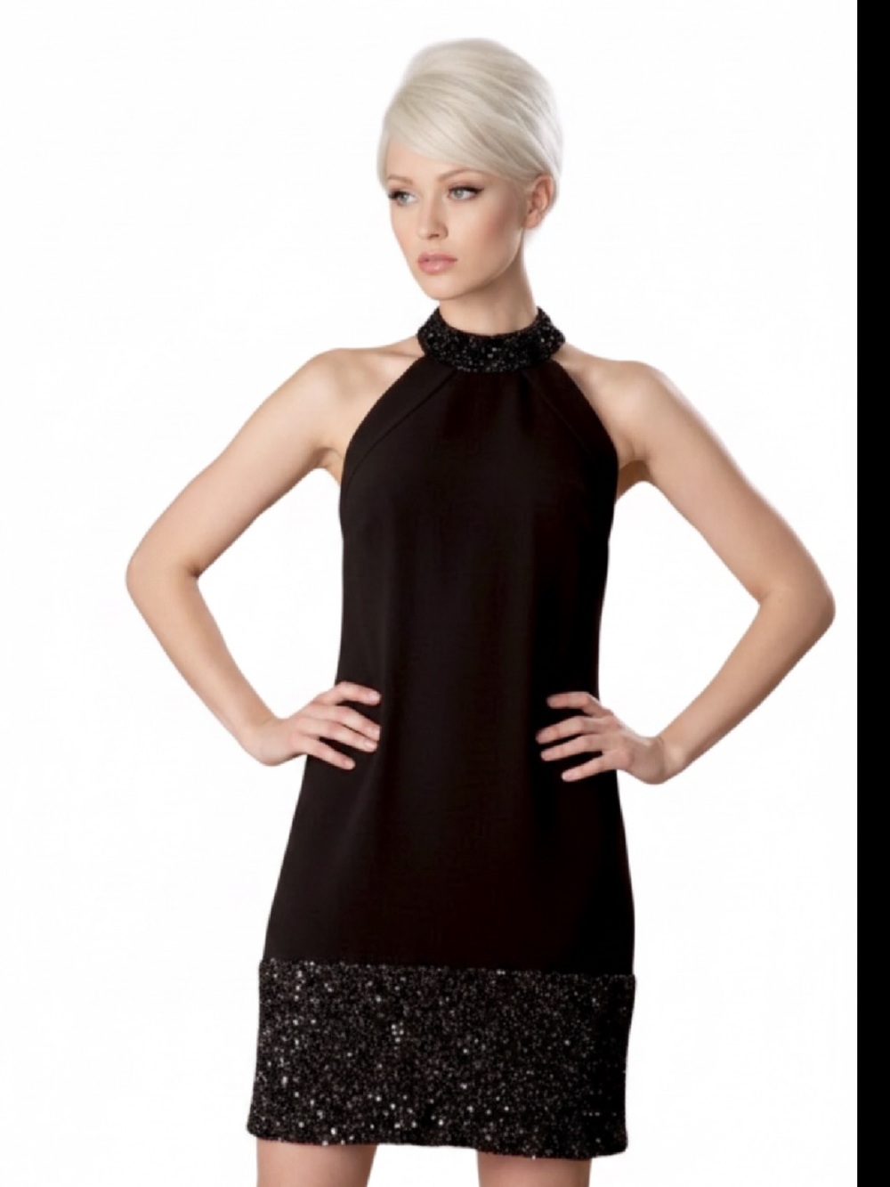 Theia Black Beaded Halter Mini Dress